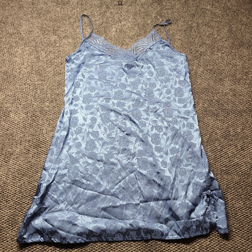 Rachel Roy Cami Slip Dress Womens XL Blue Satin Finish Floral Jacquard Lace Trim